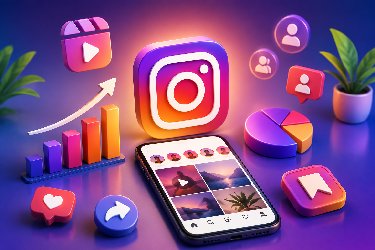 3D illustration of Instagram marketing with a smartphone, Instagram logo, analytics charts, Reels icon, engagement symbols, and growth metrics representing the Instagram Algorithm 2026.