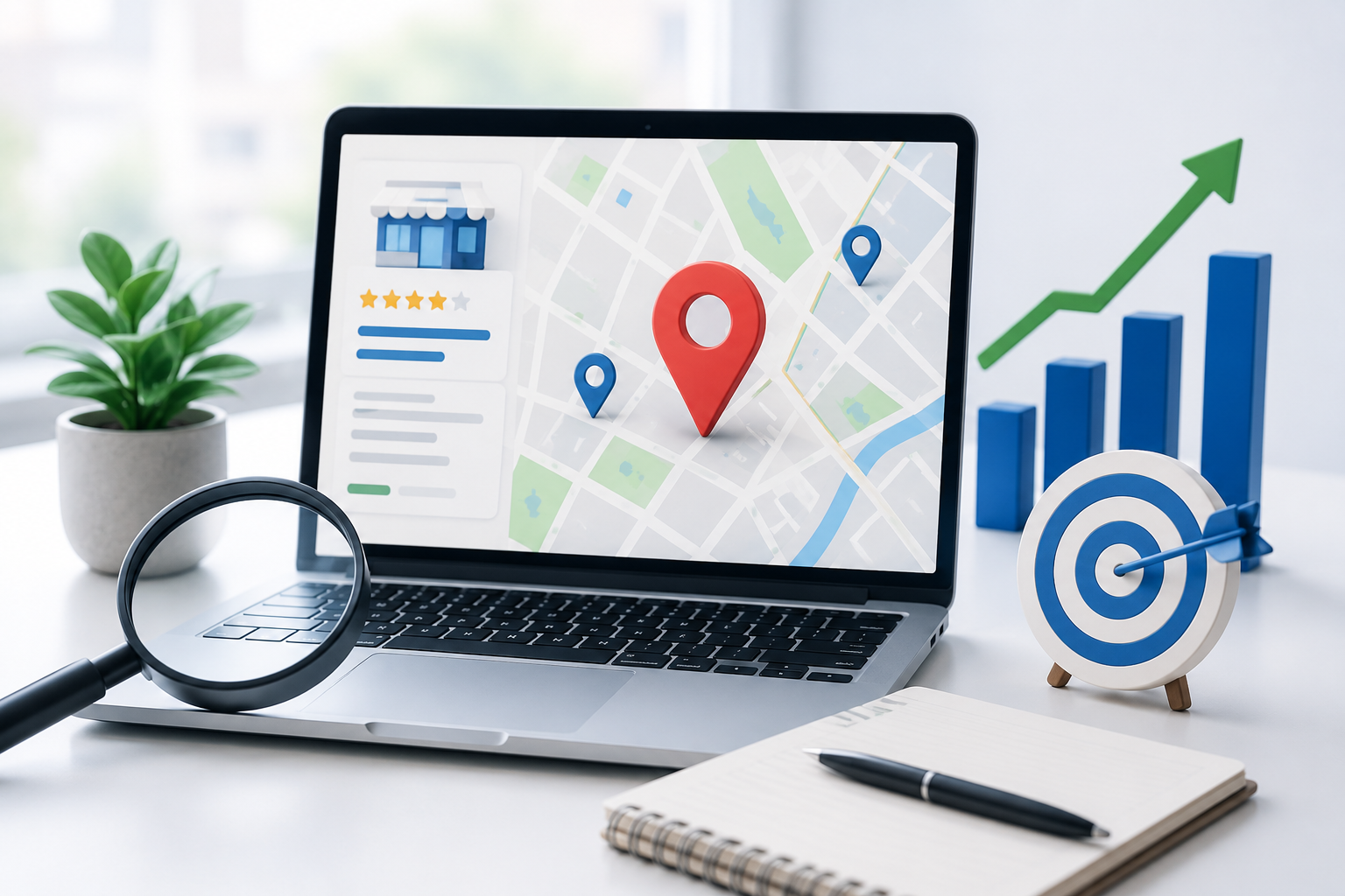 displaying local search analytics with map location pins, SEO dashboard, and business growth elements on a modern workspace.