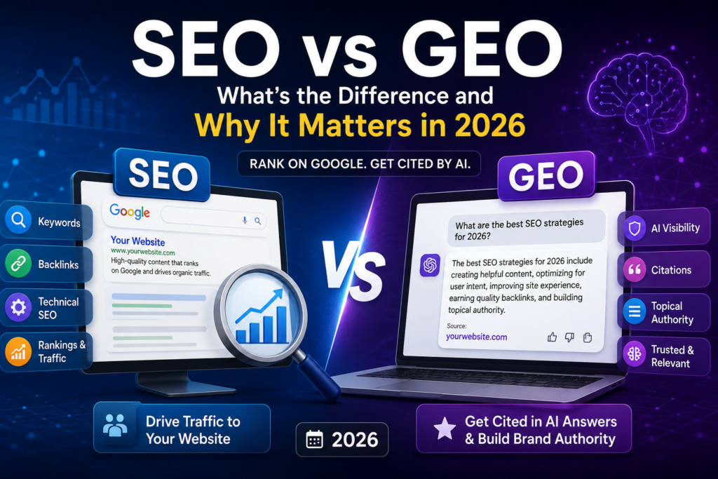 SEO vs GEO comparison infographic showing traditional Search Engine Optimization alongside Generative Engine Optimization, highlighting Google rankings, AI search visibility, citations, topical authority, and key differences for digital marketing in 2026.
