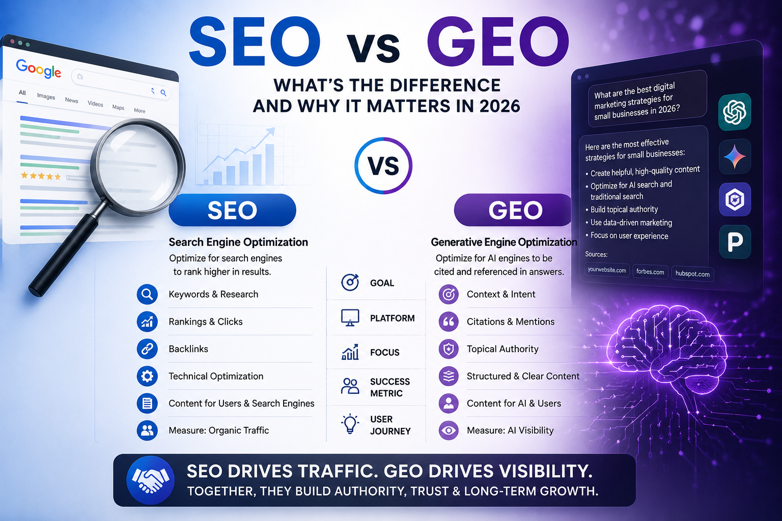 SEO vs GEO infographic comparing Google SEO and AI search optimization in 2026.