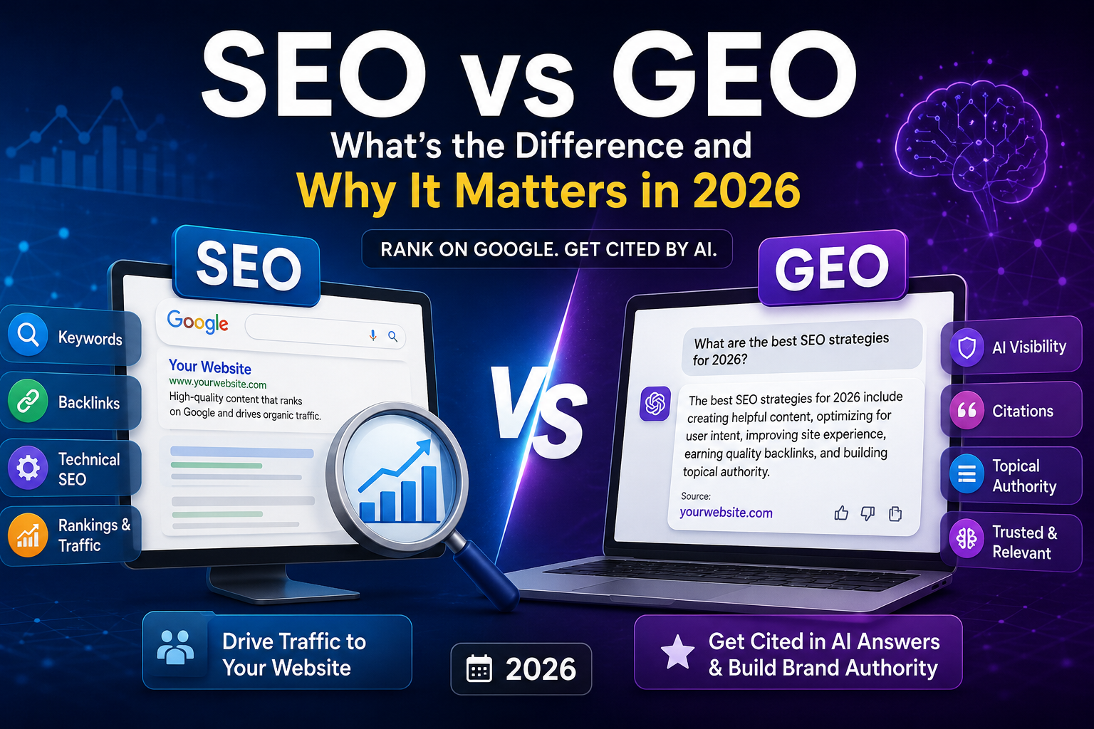 SEO vs GEO comparison infographic showing traditional Search Engine Optimization alongside Generative Engine Optimization, highlighting Google rankings, AI search visibility, citations, topical authority, and key differences for digital marketing in 2026.