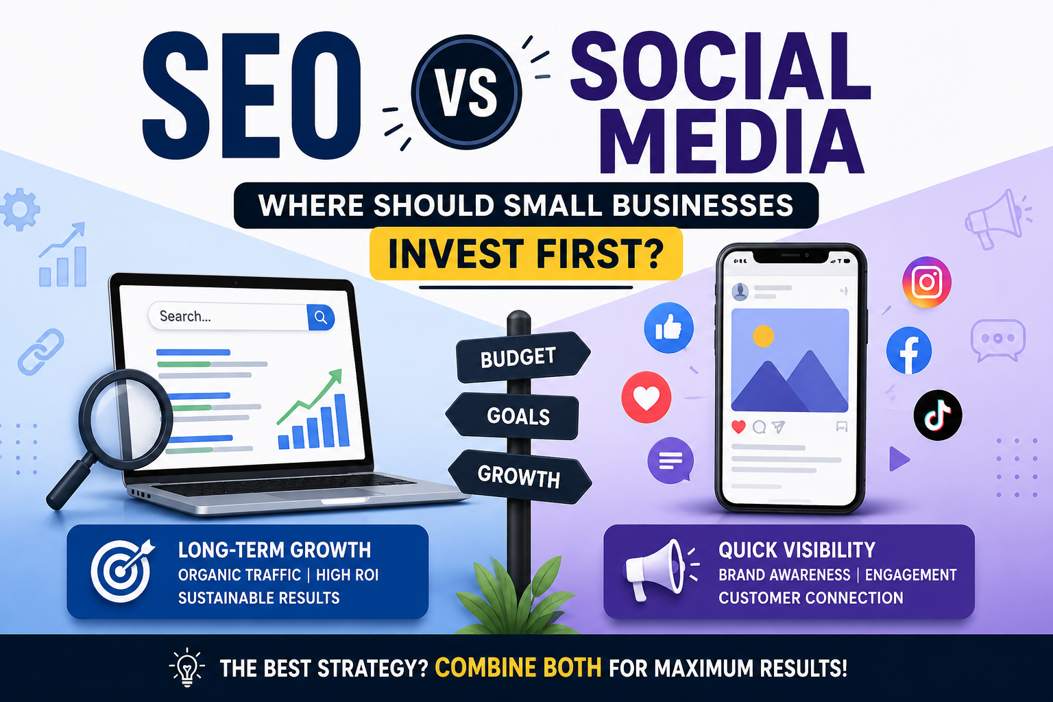SEO vs Social Media comparison infographic for small businesses