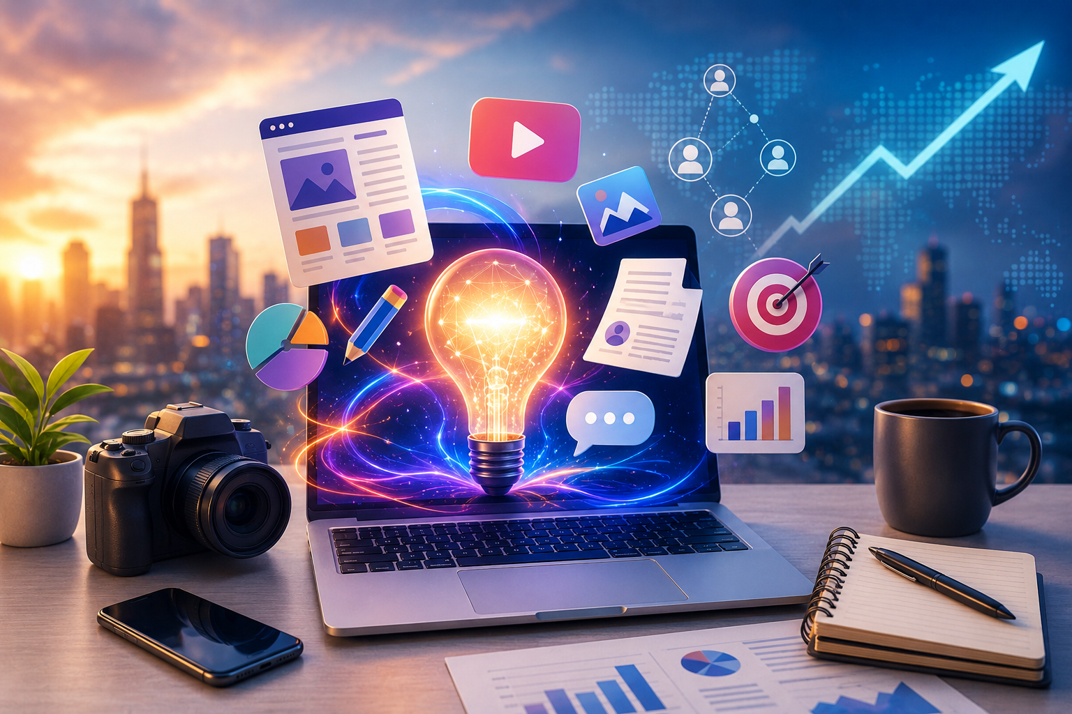 AI-powered content marketing illustration featuring a laptop with analytics, digital content icons, video marketing, social media, and creative strategy elements representing the latest content marketing trends for 2026.
