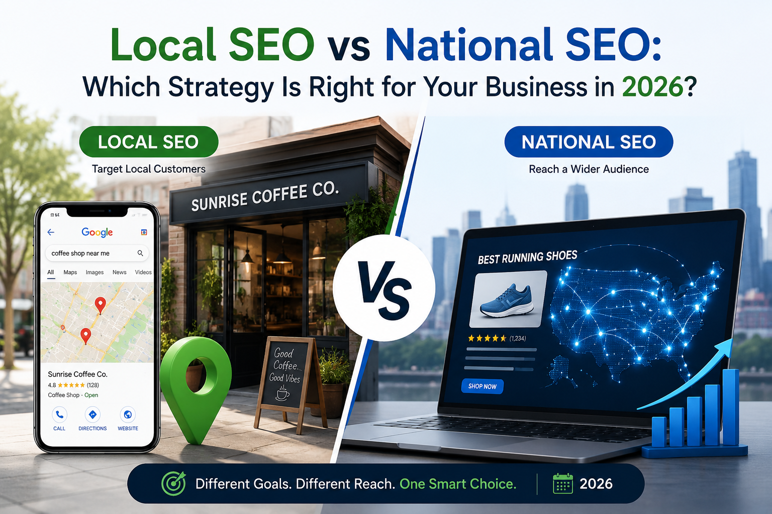 Local SEO vs National SEO comparison image showing a local storefront, Google Maps search, and nationwide SEO strategy on a laptop for businesses in 2026.
