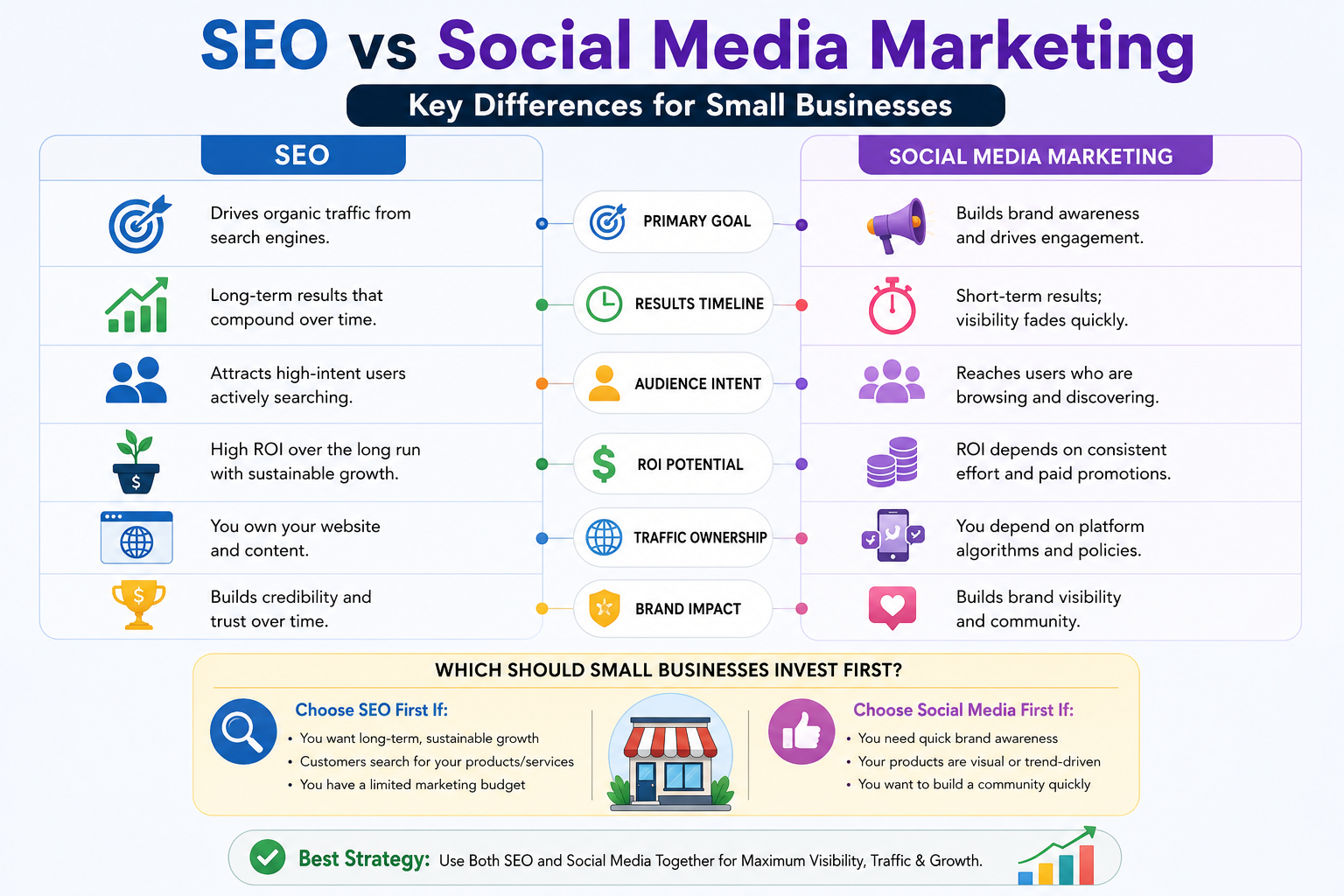 SEO vs Social Media comparison infographic for small businesses