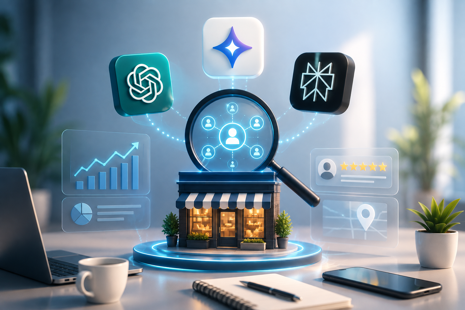 3D digital illustration of a small business storefront connected to ChatGPT, Gemini, and Perplexity through an AI-powered search and recommendation network.