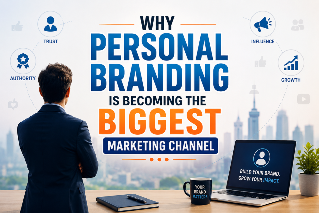 Professional featured image showing a business professional overlooking a city skyline with the centered title "Why Personal Branding Is Becoming the Biggest Marketing Channel" surrounded by trust, authority, influence, and growth marketing icons.