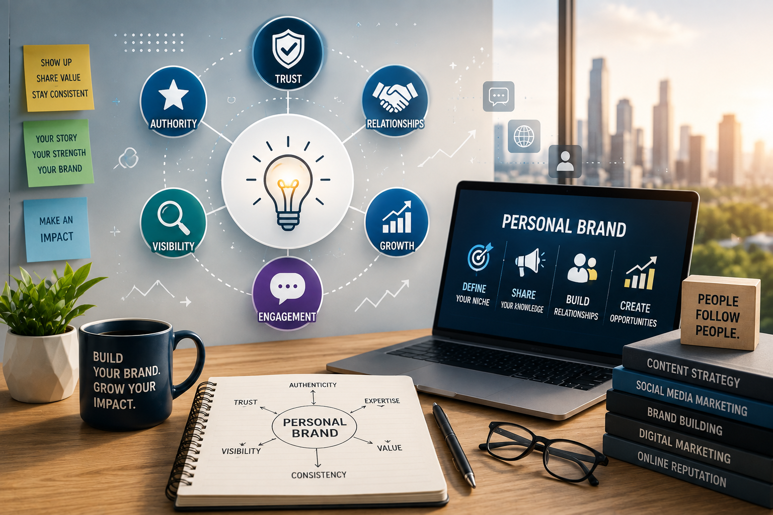 Illustration of a modern personal branding workspace featuring a laptop with personal brand strategy, notebook, coffee mug, books, and marketing icons representing trust, authority, visibility, engagement, relationships, and business growth.
