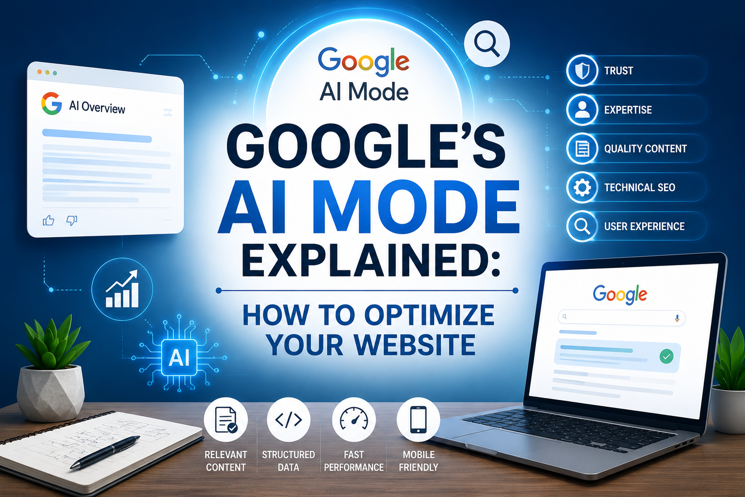 Google's AI Mode Explained featured image showing a futuristic AI-powered Google Search interface, SEO optimization icons, AI technology graphics, and a centered title about optimizing websites for Google's AI Mode.