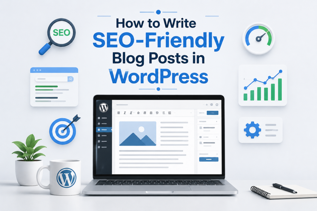 A modern blog banner featuring a laptop displaying the WordPress editor, surrounded by SEO-related icons including a magnifying glass, analytics chart, target, speed gauge, and settings. The centered design highlights the title "How to Write SEO-Friendly Blog Posts in WordPress" with a clean blue and white color scheme