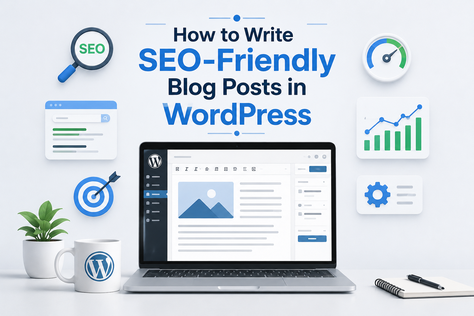 A modern blog banner featuring a laptop displaying the WordPress editor, surrounded by SEO-related icons including a magnifying glass, analytics chart, target, speed gauge, and settings. The centered design highlights the title "How to Write SEO-Friendly Blog Posts in WordPress" with a clean blue and white color scheme