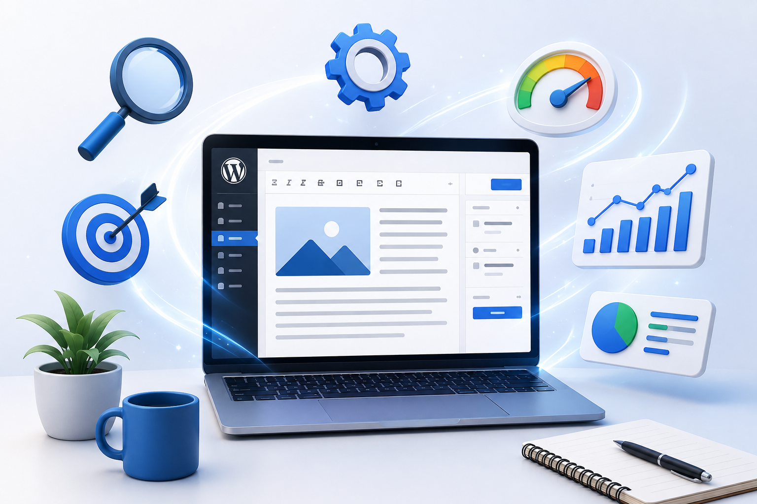Animated-style 3D illustration of a laptop displaying a WordPress blog editor, surrounded by SEO icons, analytics charts, a target, magnifying glass, speedometer, and settings gear.