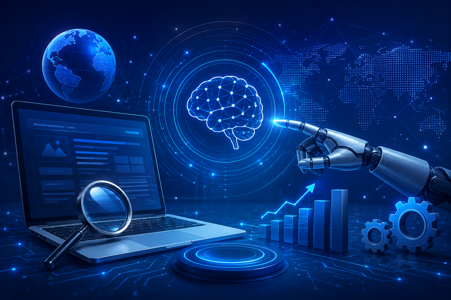 Futuristic AI SEO illustration showing a laptop with search analytics, a robotic hand interacting with a digital AI brain, data visualization charts, a magnifying glass, and a global network background representing AI-powered search and website optimization.