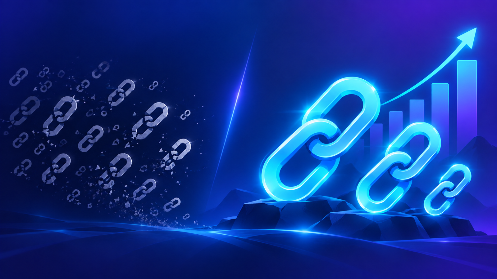 Backlink quality versus quantity illustration showing fading low-quality links and strong glowing backlinks with an upward SEO growth chart.