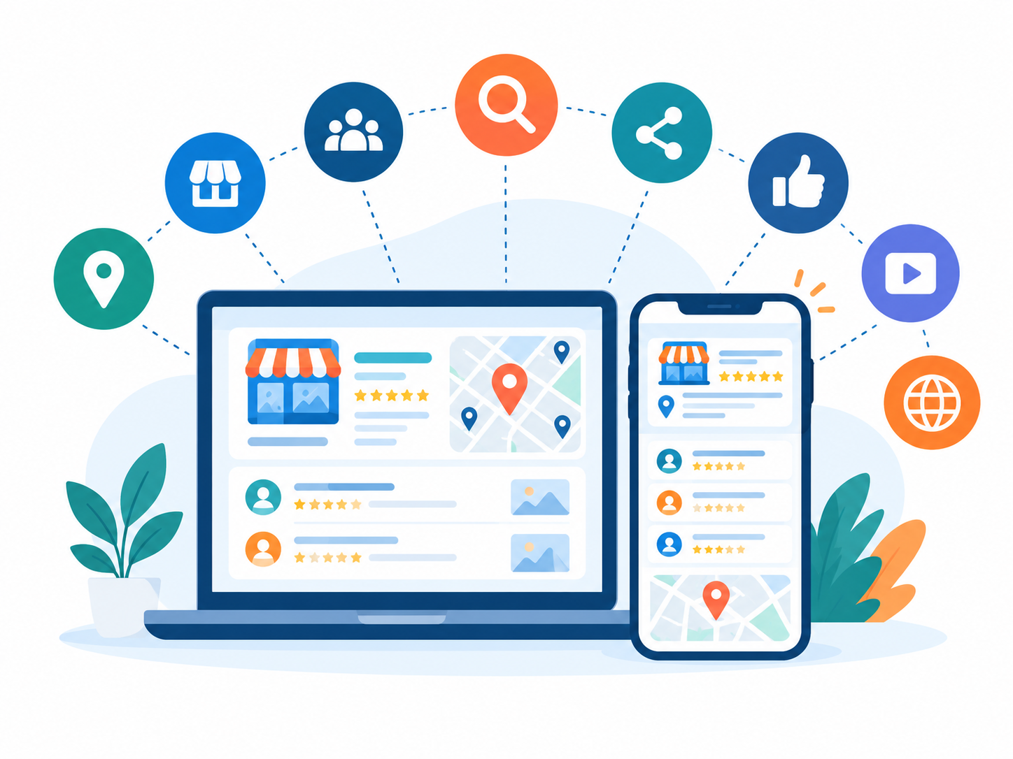 Illustration showing laptop and smartphone displaying local business listings with star ratings and location pins, representing local SEO citation consistency across platforms