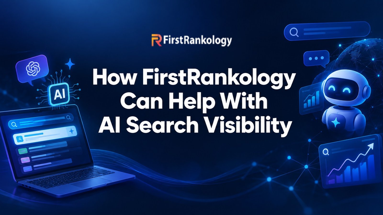 FirstRankology feature image showing the title "How FirstRankology Can Help With AI Search Visibility" centered on a dark tech-themed background with AI and search icons