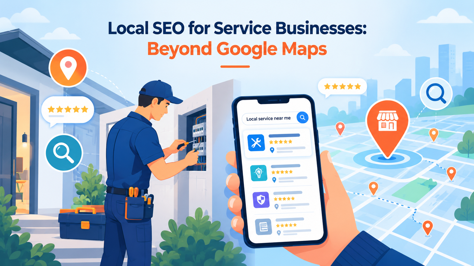 Local SEO illustration showing a service technician, smartphone local search results, map pins, star reviews, and search icons for service businesses.
