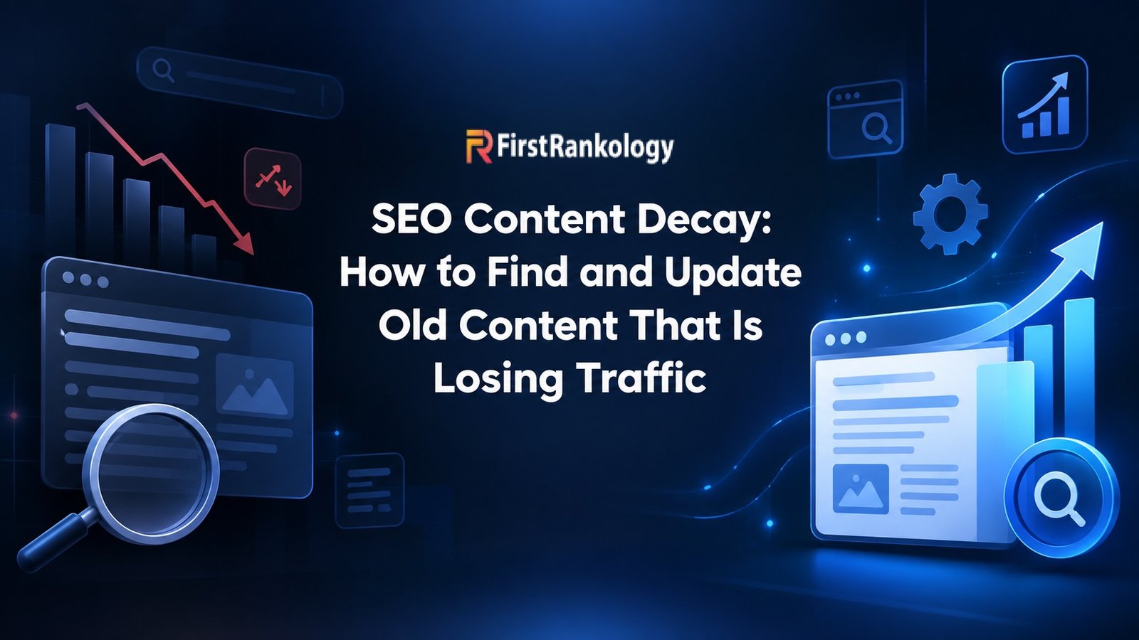 SEO content decay illustration showing declining website traffic, outdated content, and SEO analytics with a recovery trend