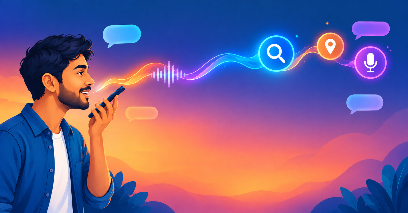 Modern vector illustration of a person using voice search on a smartphone, with colorful sound waves flowing toward search, location, and microphone icons.