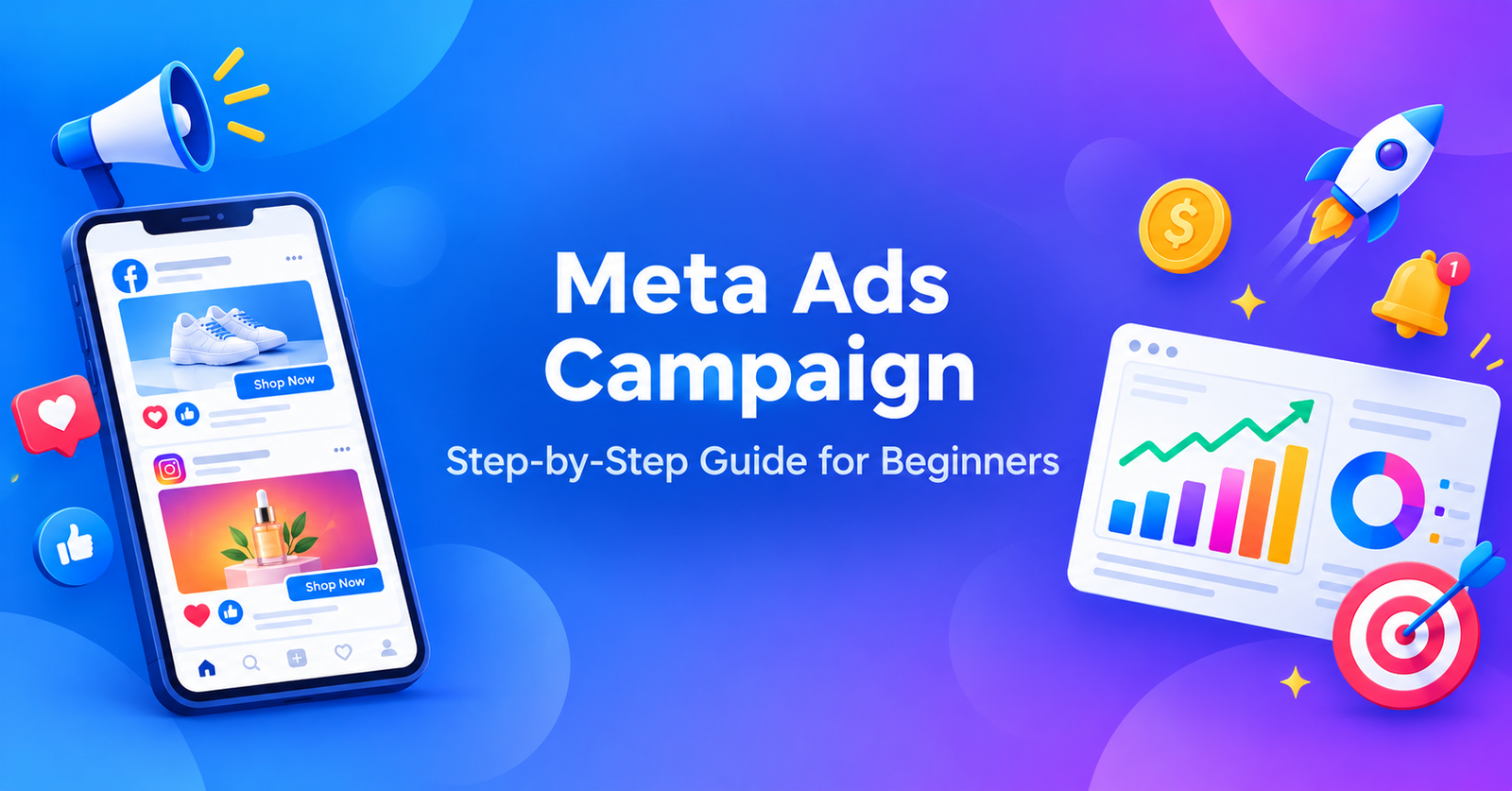 Meta ads campaign guide with social media ad previews and an analytics dashboard showing growth graphs on a blue background