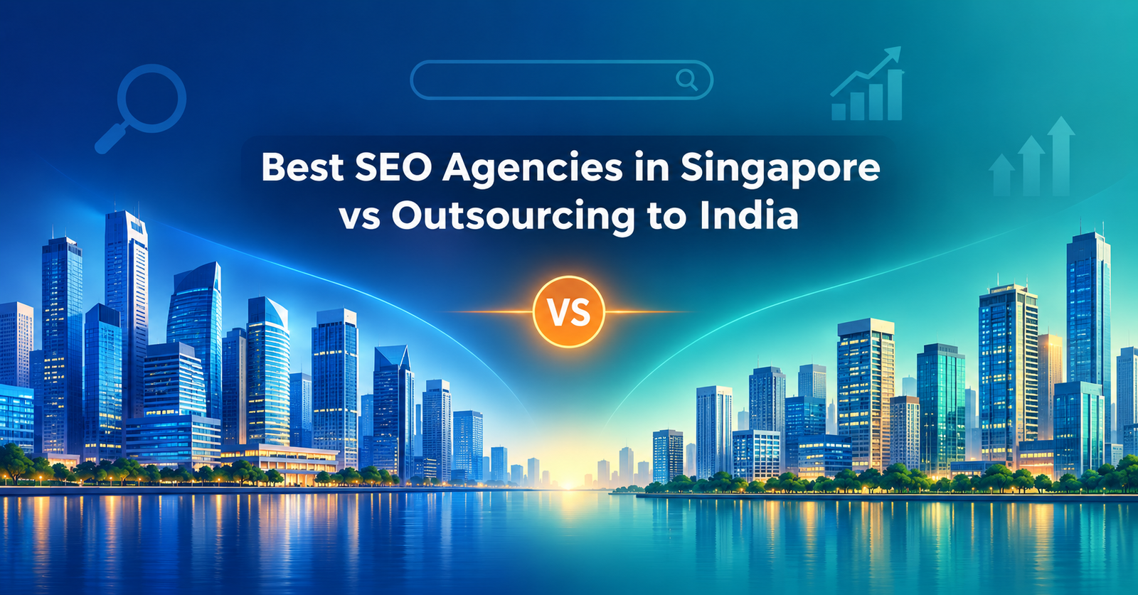 Best SEO agencies in Singapore vs outsourcing SEO to India, illustrated with two modern corporate city skylines and SEO growth graphics.